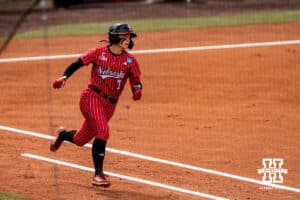 Nebraska Cornhusker Ava Kuszak (7) runs to first base during the NCAA Softball Super Regionals at Rhonda Revelle Field at Bowlin Stadium on Saturday, May 23, 2026 in Lincoln, Neb. Photo by Collin Stilen.