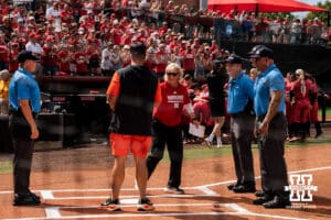 Nebraska Cornhusker head coach, Rhonda Revelle, meets Oklahoma State Cowgirl head coach, Kenny Gajewski, during the NCAA Softball Super Regionals at Rhonda Revelle Field at Bowlin Stadium on Saturday, May 23, 2026 in Lincoln, Neb. Photo by Collin Stilen.