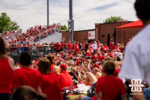 Nebraska Cornhusker fans during the NCAA Softball Super Regionals at Rhonda Revelle Field at Bowlin Stadium on Saturday, May 23, 2026 in Lincoln, Neb. Photo by Collin Stilen.