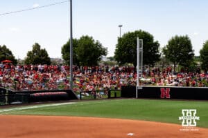 Nebraska Cornhusker fans packing the grass seating area during the NCAA Softball Super Regionals at Rhonda Revelle Field at Bowlin Stadium on Saturday, May 23, 2026 in Lincoln, Neb. Photo by Collin Stilen.