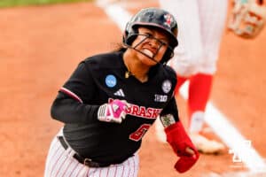 Nebraska Cornhusker Katelyn Caneda (66) rounding third base during a softball game at Rhonda Revelle Field at Bowlin Stadium on Friday, May 22, 2026 in Lincoln, Neb. Photo by Collin Stilen.