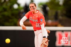 Oklahoma State Cowgirl Ruby Meylan (66) warms up in the fourth inning during a softball game at Rhonda Revelle Field at Bowlin Stadium on Friday, May 22, 2026 in Lincoln, Neb. Photo by Collin Stilen.