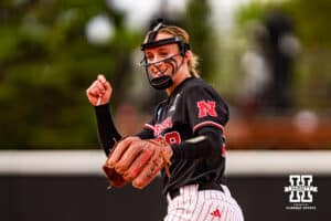 Nebraska Cornhusker Jordy Frahm (98) is all smiles after a strikeout in the third inning during a softball game at Rhonda Revelle Field at Bowlin Stadium on Friday, May 22, 2026 in Lincoln, Neb. Photo by Collin Stilen.