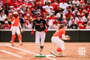 Nebraska Cornhusker Hannah Coor (23) at first base in the second inning during a softball game at Rhonda Revelle Field at Bowlin Stadium on Friday, May 22, 2026 in Lincoln, Neb. Photo by Collin Stilen.
