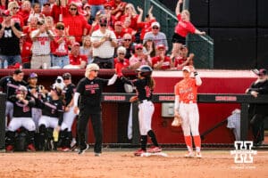 Nebraska Cornhusker Kennadi Williams (15) celebrates with head coach Rhonda Revelle during a softball game at Rhonda Revelle Field at Bowlin Stadium on Friday, May 22, 2026 in Lincoln, Neb. Photo by Collin Stilen.