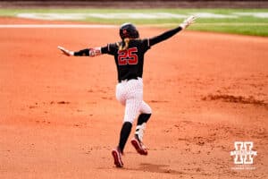 Nebraska Cornhusker Jesse Farrell (25) celebrates a homerun in style during a softball game at Rhonda Revelle Field at Bowlin Stadium on Friday, May 22, 2026 in Lincoln, Neb. Photo by Collin Stilen.