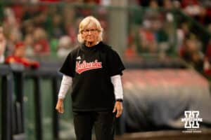 Nebraska Cornhusker head coach Rhonda Revelle looks at the batter during a softball game at Rhonda Revelle Field at Bowlin Stadium on Thursday, May 21, 2026 in Lincoln, Neb. Photo by Collin Stilen.