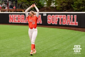Oklahoma State Cowgirl Ruby Meylan (66) warms-up before taking on the Nebraska Cornhuskers during a softball game at Rhonda Revelle Field at Bowlin Stadium on Thursday, May 21, 2026 in Lincoln, Neb. Photo by Collin Stilen.