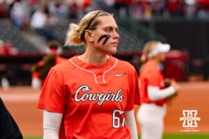 Oklahoma State Cowgirl Ruby Meylan (66) during a softball game at Rhonda Revelle Field at Bowlin Stadium on Thursday, May 21, 2026 in Lincoln, Neb. Photo by Collin Stilen.