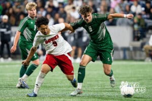 Omaha South's's Anthony Martinez (9) defended by Lincoln Southwest's Cam Rakowsky (9) during the 2026 Class A Boys State Soccer Championship match Wednesday, May 20, 2026, in Omaha, Nebraska. Photo by Jackson D. Luethje.