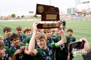Gretna celebrates victory against Lexington during the 2026 Class B Boys State Soccer Championship match Tuesday, May 20, 2025, in Omaha, Nebraska. Photo by Jackson D. Luethje.