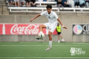 Lexington's Henry Perez-Diaz (28) settles ball during the 2026 Class B Boys State Soccer Championship match against Gretna Wednesday, May 20, 2026, in Omaha, Nebraska. Photo by Jackson D. Luethje.