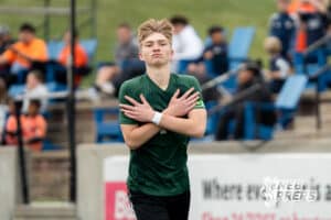 Gretna's Elijah Fulton (7) celebrates a goal during the 2026 Class B Boys State Soccer Championship match against Lexington on Wednesday, May 20, 2026, in Omaha, Nebraska. Photo by Jackson D. Luethje.