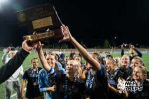 Omaha Marian recieves the Class A Championship throphy during the 2026 Class A Girls State Soccer Championship match against Elkhorn South Tuesday, May 19, 2026, in Omaha, Nebraska. Photo by Jackson D. Luethje.