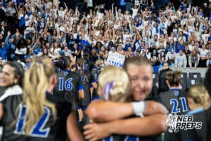 Omaha Marian students celebrate victory during the 2026 Class A Girls State Soccer Championship match against Elkhorn South on Tuesday, May 19, 2026, in Omaha, Nebraska. Photo by Jackson D. Luethje.