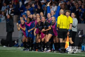 Omaha Marian bench celebrates goal during the 2026 Class A Girls State Soccer Championship match against Elkhorn South Tuesday, May 19, 2026, in Omaha, Nebraska. Photo by Jackson D. Luethje.