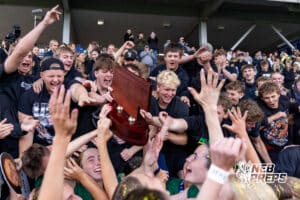 Lincoln Pius X is celebrating with the Student Section after winning the NSAA Class B Girls State Championship game against Blair on Tuesday, May 19, 2026 in Omaha, Nebraska. Photo By Jack Stephens