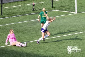 Blair’s Cadence Field (7) is celebrating after scoring a goal during the NSAA Class B Girls State Championship game against Lincoln Pius X on Tuesday, May 19, 2026 in Omaha, Nebraska. Photo By Jack Stephens