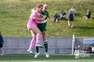 Lincoln Pius X’s Emma Miller (99) and Kate Miller (33) are celebrating after scoring a goal during the NSAA Class B Girls State Championship game against Blair on Tuesday, May 19, 2026 in Omaha, Nebraska. Photo By Jack Stephens