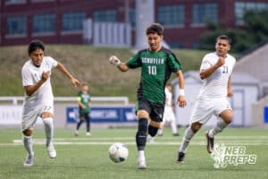 Schuyler’s Kevyn Martinez (10) is dribbling the ball against Lexington during a NSAA Class B semi-finals soccer match on Saturday, May 16, 2026, in Omaha, Nebraska. Photo By Jack Stephens.