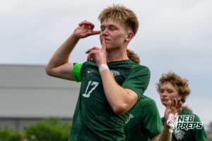 Gretna’s Alex Sowinski (17) is celebrating after scoring his second goal of the day against Elkhorn North during a NSAA Class B semi-finals soccer match on Saturday, May 16, 2026, in Omaha, Nebraska. Photo By Jack Stephens.