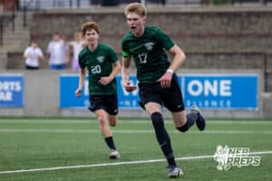 Gretna’s Alex Sowinski (17) is celebrating after scoring his second goal of the day against Elkhorn North during a NSAA Class B semi-finals soccer match on Saturday, May 16, 2026, in Omaha, Nebraska. Photo By Jack Stephens.