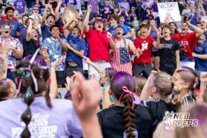 Blair’s student section is celebrating a win against Skutt Catholic during a NSAA Class B semi-finals soccer match on Saturday, May 16, 2026, in Omaha, Nebraska. Photo By Jack Stephens.