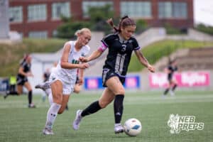 Blair’s Kaitlynn O’Neil (3) is dribbling the ball against Skutt Catholic during a NSAA Class B semi-finals soccer match on Saturday, May 16, 2026, in Omaha, Nebraska. Photo By Jack Stephens.Stephens.
