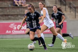 Blair’s Cadence Field (7) is dribbling the ball against Skutt Catholic during a NSAA Class B semi-finals soccer match on Saturday, May 16, 2026, in Omaha, Nebraska. Photo By Jack Stephens.