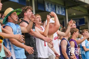 The Lincoln Pius X Thunderbolts' student section at a girls state soccer match against Elkhorn at Morrison Stadium on May 16th, 2026, in Omaha, Nebraska. Photo by Dawson Anderson.