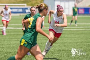 Elkhorn Antler Kat Rodgers 24 chases the ball down during a girls state soccer match at Morrison Stadium against Lincoln Pius X on May 16th, 2026, in Omaha, Nebraska. Photo by Dawson Anderson.