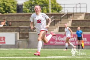 Elkhorn Antler Olivia Thompson 22 during a girls state soccer match at Morrison Stadium against Lincoln Pius X on May 16th, 2026, in Omaha, Nebraska. Photo by Dawson Anderson.