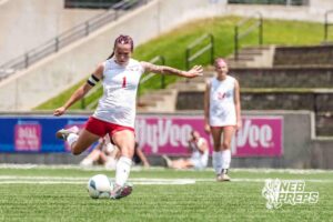 Elkhorn Antler Ella Rodgers (1) kicks the ball during a girls state soccer match at Morrison Stadium against Lincoln Pius X on May 16th, 2026, in Omaha, Nebraska. Photo by Dawson Anderson.