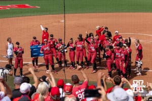 Nebraska Cornhuskers celebrates the win over the Grand Canyon Antelope with the fans during the NCAA Softball Regionals on Sunday, May 17, 2026, in Lincoln, Neb. Photo by John S. Peterson.
