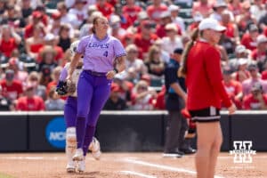 Grand Canyon Antelope relief pitcher Taryn Batterton (4) skips to the dugout after the third out against the Nebraska Cornhuskers of the sixth inning during the NCAA Softball Regionals on Sunday, May 17, 2026, in Lincoln, Neb. Photo by John S. Peterson.