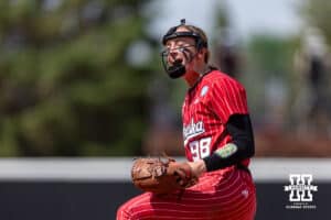 Nebraska Cornhusker relief pitcher Jordy Frahm (98) celebrates a stike out against the Grand Canyon Antelope in the sixth inning during the NCAA Softball Regionals on Sunday, May 17, 2026, in Lincoln, Neb. Photo by John S. Peterson.