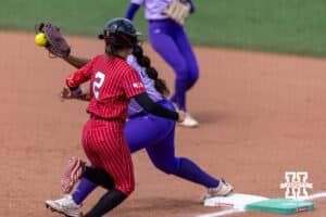Nebraska Cornhusker infielder Lauren Camenzind (2) forced out at first by Grand Canyon Antelope infielder Jada Cooper (21) during the NCAA Softball Regionals on Sunday, May 17, 2026, in Lincoln, Neb. Photo by John S. Peterson.