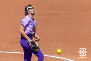 Grand Canyon Antelope pitcher Oakley Vickers (27) throws a pitch against the Nebraska Cornhuskers during the NCAA Softball Regionals on Sunday, May 17, 2026, in Lincoln, Neb. Photo by John S. Peterson.