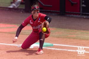 Nebraska Cornhusker infielder Jordy Frahm (98) makes an out at first base against the Grand Canyon Antelope during the NCAA Softball Regionals on Sunday, May 17, 2026, in Lincoln, Neb. Photo by John S. Peterson.