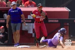 Nebraska Cornhusker infielder Samantha Bland (29) forces out Grand Canyon Antelope Ellie Pond (7) at third base in the third inning during the NCAA Softball Regionals on Sunday, May 17, 2026, in Lincoln, Neb. Photo by John S. Peterson.