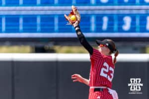 Nebraska Cornhusker outfielder Hannah Coor (23) makes a catch for an out against the Grand Canyon Antelopes in the third inning during the NCAA Softball Regionals on Sunday, May 17, 2026, in Lincoln, Neb. Photo by John S. Peterson.