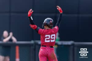 Nebraska Cornhusker Samantha Bland (29) celebrates hitting a double against the Grand Canyon Antelope in the second inning during the NCAA Softball Regionals on Sunday, May 17, 2026, in Lincoln, Neb. Photo by John S. Peterson.