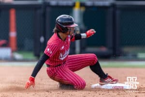 Nebraska Cornhusker Samantha Bland (29) slides to second base after hitting a double against the Grand Canyon Antelope in the second inning during the NCAA Softball Regionals on Sunday, May 17, 2026, in Lincoln, Neb. Photo by John S. Peterson.