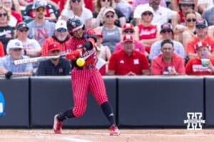 Nebraska Cornhusker Samantha Bland (29) hits a double against the Grand Canyon Antelopes in the second inning during the NCAA Softball Regionals on Sunday, May 17, 2026, in Lincoln, Neb. Photo by John S. Peterson.