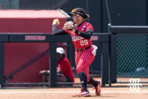 Nebraska Cornhusker utility Samantha Bland (29) throws to first for an out against the Grand Canyon Antelope in the second inning during the NCAA Softball Regionals on Sunday, May 17, 2026, in Lincoln, Neb. Photo by John S. Peterson.