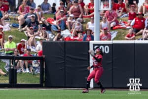 Nebraska Cornhusker outfielder Natalia Hill (27) tracks the ball to make an out against the Grand Canyon Antelope in the second inning during the NCAA Softball Regionals on Sunday, May 17, 2026, in Lincoln, Neb. Photo by John S. Peterson.