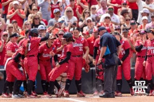 Nebraska Cornhuskers celebrates Hannah Camenzind (9) home run against the Grand Canyon Antelope in the first inning during the NCAA Softball Regionals on Sunday, May 17, 2026, in Lincoln, Neb. Photo by John S. Peterson.