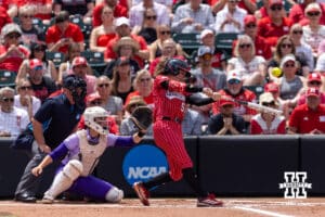 Nebraska Cornhusker Hannah Camenzind (9) hits a home run against the Grand Canyon Antelope in the first inning during the NCAA Softball Regionals on Sunday, May 17, 2026, in Lincoln, Neb. Photo by John S. Peterson.