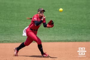 Nebraska Cornhusker infielder Ava Kuszak (7) makes a catch for an out against the Grand Canyon Antelope during the NCAA Softball Regionals on Sunday, May 17, 2026, in Lincoln, Neb. Photo by John S. Peterson.