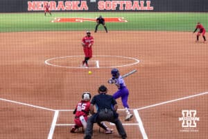Nebraska Cornhusker starting pitcher Alexis Jensen (99) throws the first pitch of the game against the Grand Canyon Antelope during the NCAA Softball Regionals on Sunday, May 17, 2026, in Lincoln, Neb. Photo by John S. Peterson.